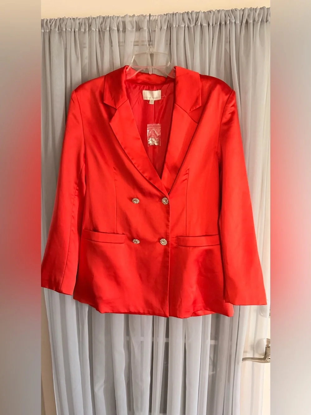 Flying Tomato Coral-Red Double-Breasted Blazer with Rhinestone Buttons Small